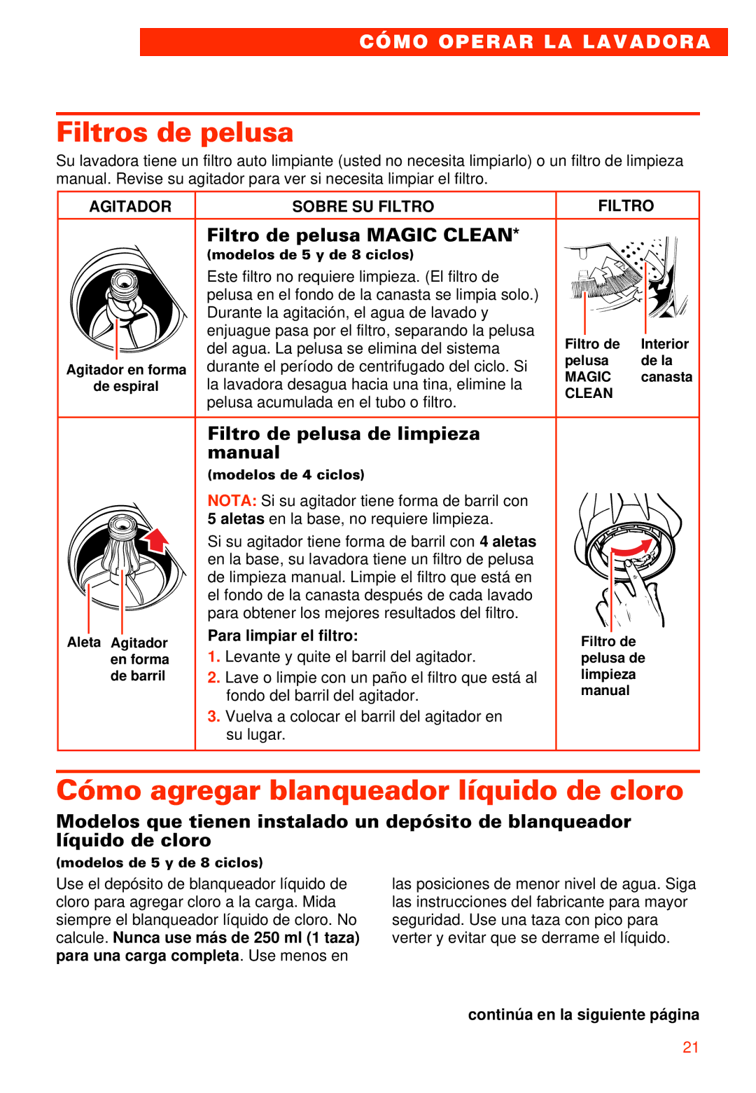 Whirlpool 7LSR8244EQ0 manual Filtros de pelusa, Cómo agregar blanqueador líquido de cloro, Filtro de pelusa Magic Clean 