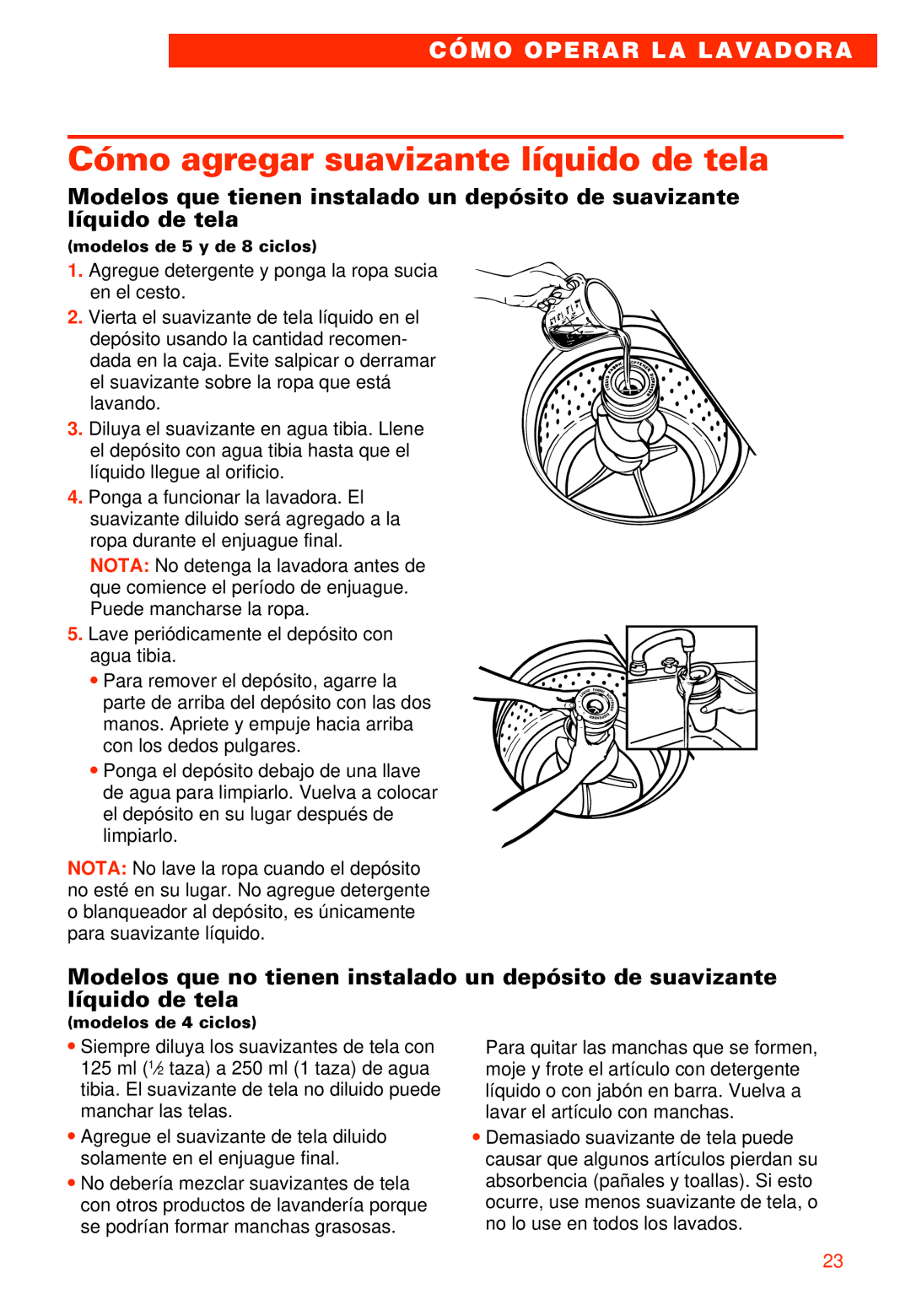 Whirlpool 7LSR8244EQ0 manual Cómo agregar suavizante líquido de tela 