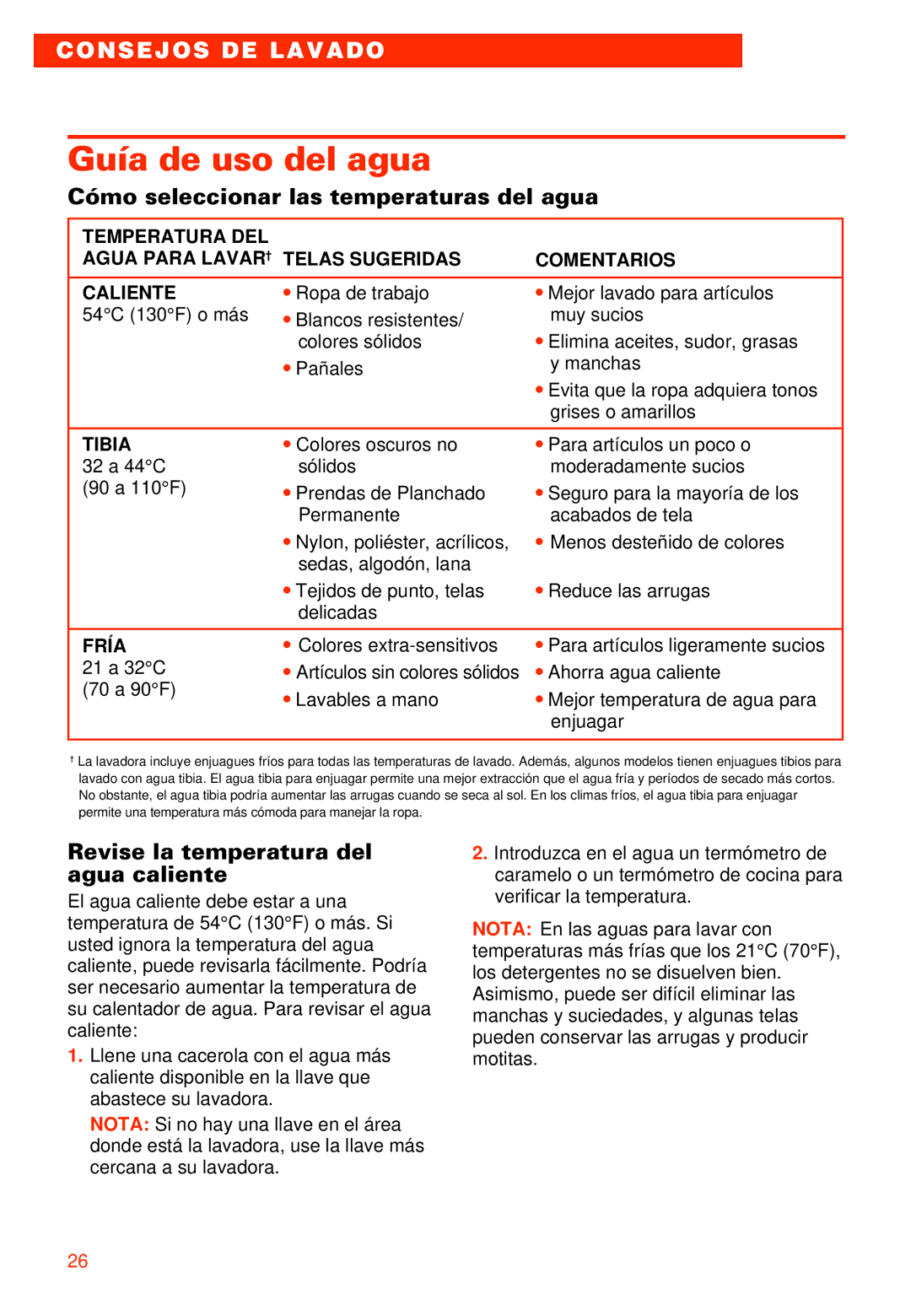 Whirlpool 7LSR8244EQ0 manual Guía de uso del agua, Cómo seleccionar las temperaturas del agua, Tibia, Fría 