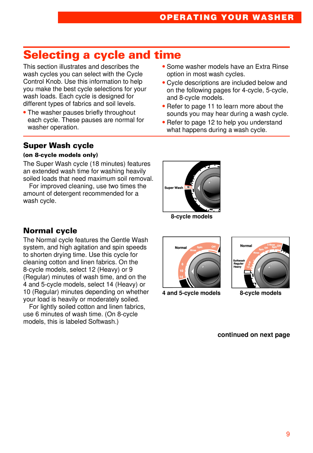 Whirlpool 7LSR8244EQ0 manual Selecting a cycle and time, Super Wash cycle, Normal cycle 