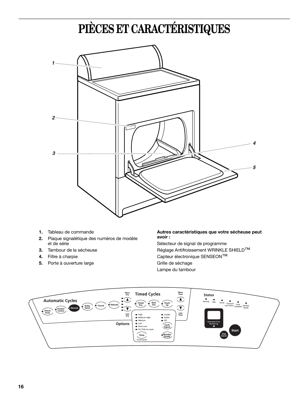 Whirlpool 7MGGW9868KL0 manual Pièces ET Caractéristiques, Autres caractéristiques que votre sécheuse peut avoir 