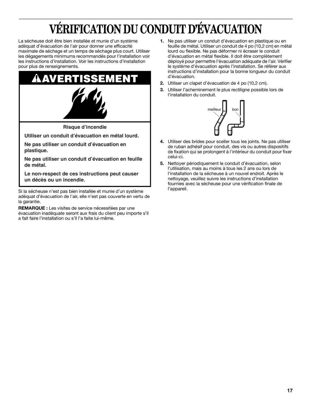 Whirlpool 7MGGW9868KL0 manual Vérification DU Conduit D’ÉVACUATION 