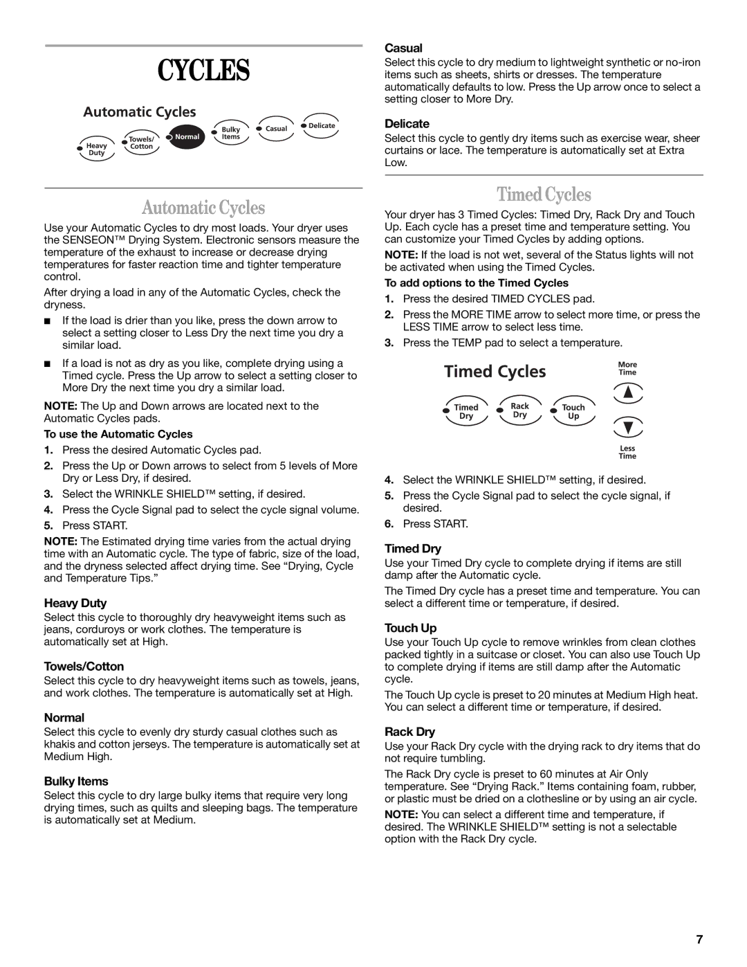 Whirlpool 7MGGW9868KL0 manual Automatic Cycles, Timed Cycles 