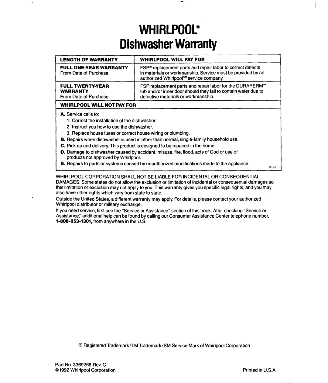 Whirlpool 8000 Series manual Full ONE-YEAR Warranty From Date of Purchase, Defective, Or workmanship 