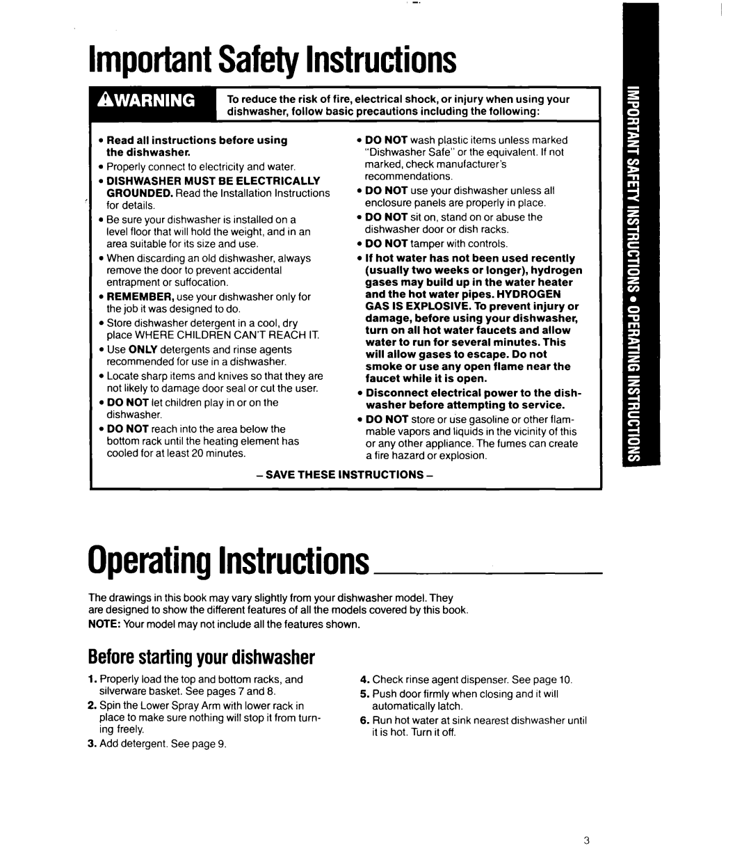 Whirlpool 8000 Series manual ImportantSafetyInstructions, OperatingInstructions, Beforestartingyour dishwasher 