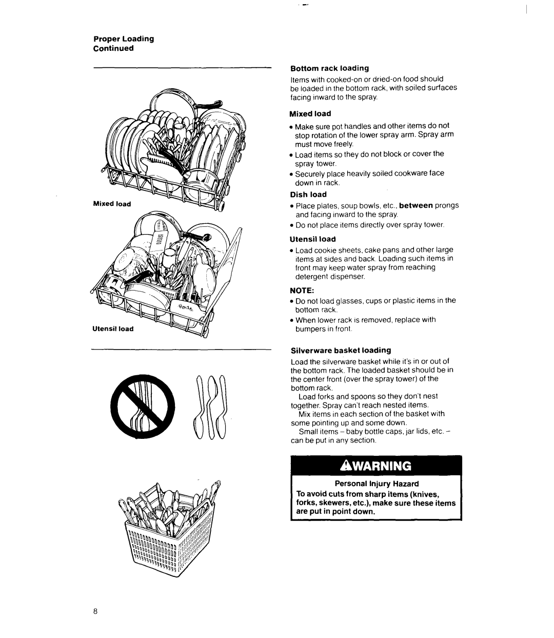 Whirlpool 8000 Series manual Mixed load Place plates, soup bowls, etc., between 