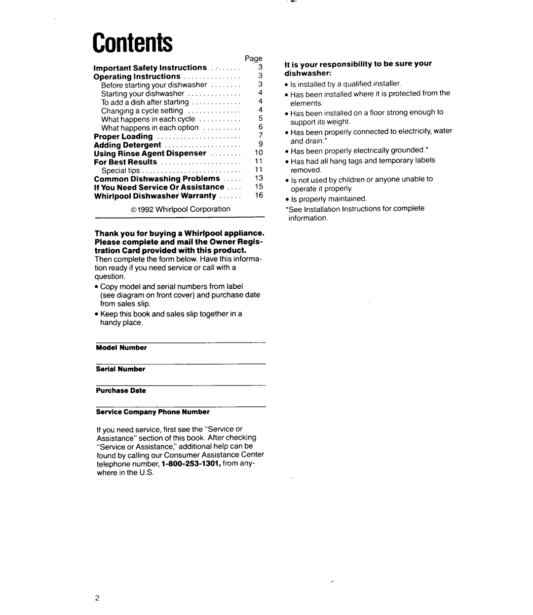 Whirlpool 8000 Series manual Contents 