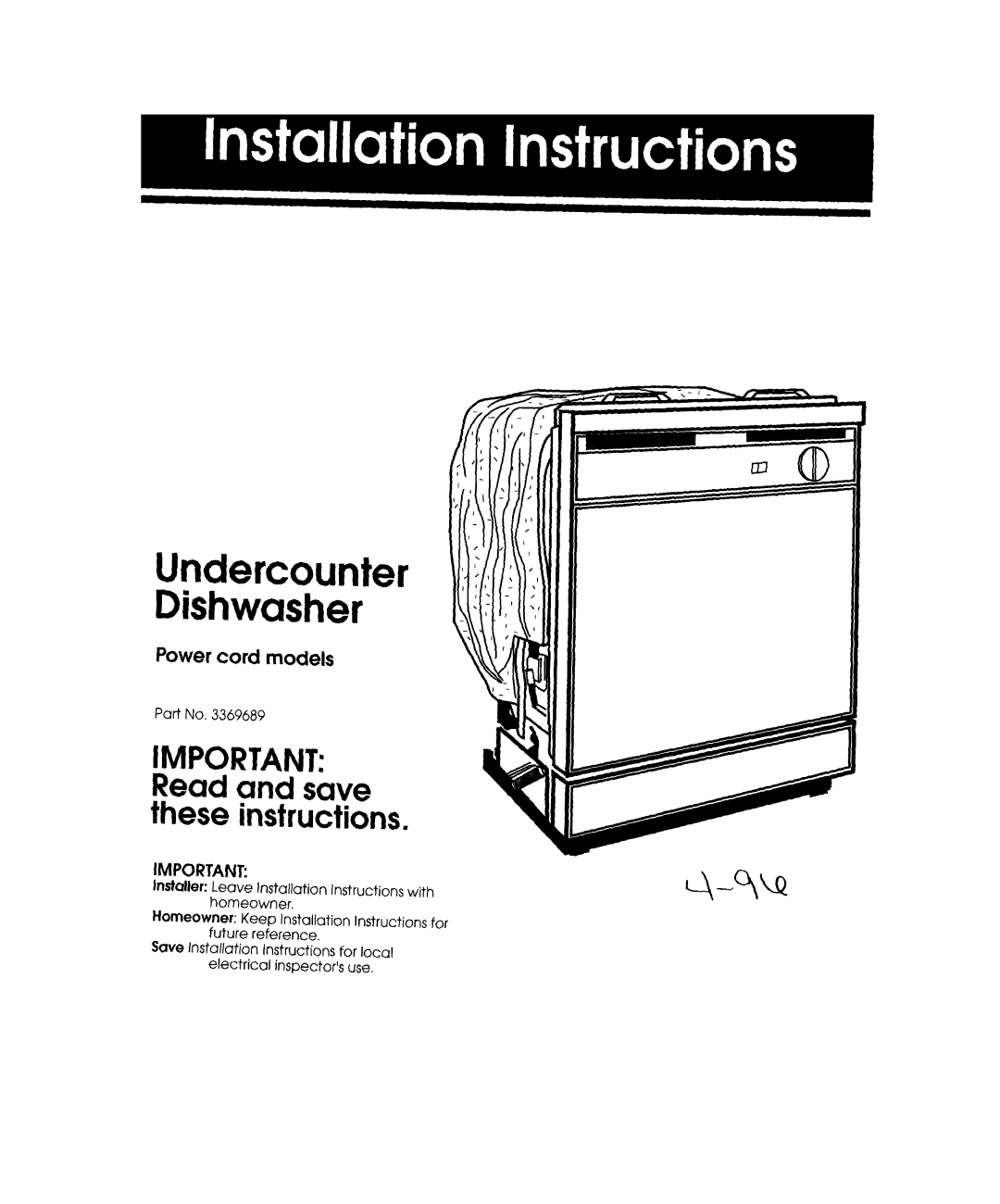 Whirlpool 801 installation instructions Undercounter Dishwasher, Read and save these instructions 