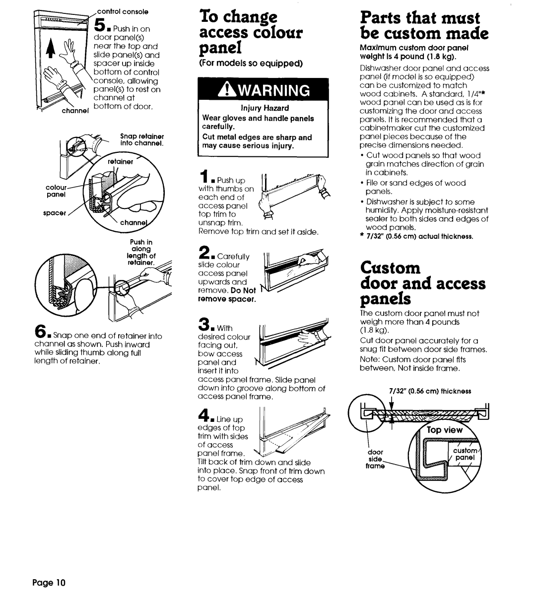 Whirlpool 801 installation instructions To change access colour panel, Custom Door and access panels 