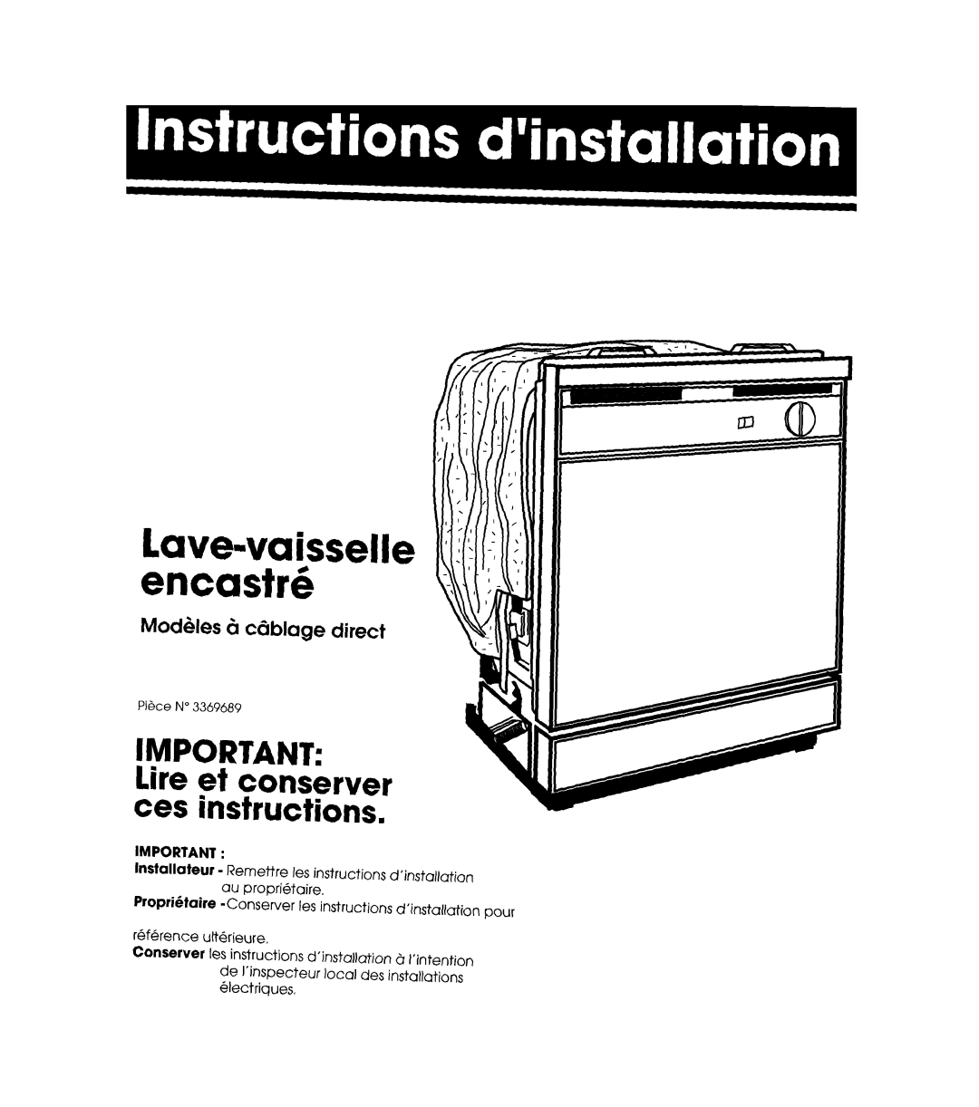 Whirlpool 801 installation instructions Lavewaisselle encast 