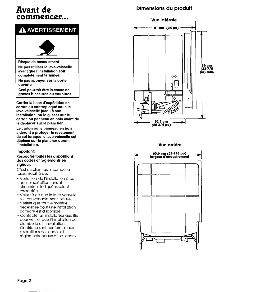 Whirlpool 801 installation instructions Avant de commencer, Dimensions du produit 