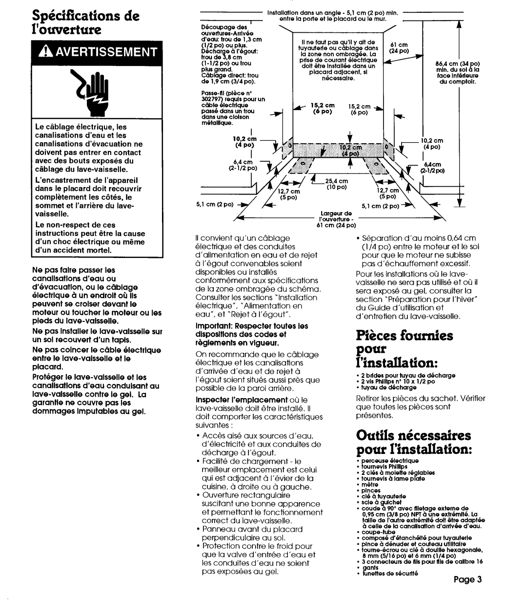 Whirlpool 801 Spkificatfons de I’ouverture, Pikes fournies pour ’installation, Inspecter I’emplacement 00 le 