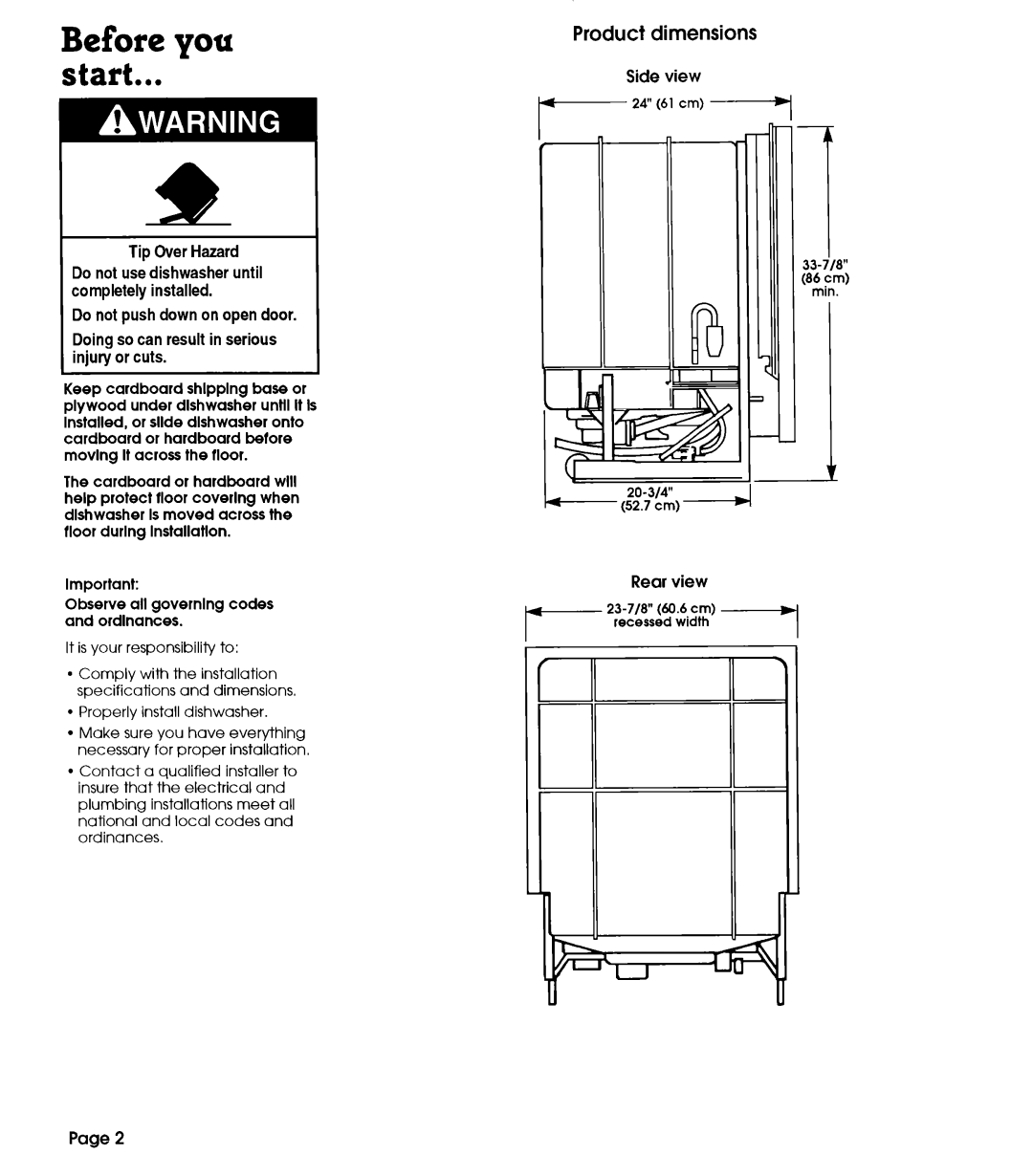 Whirlpool 801 installation instructions Before you Start, Product 