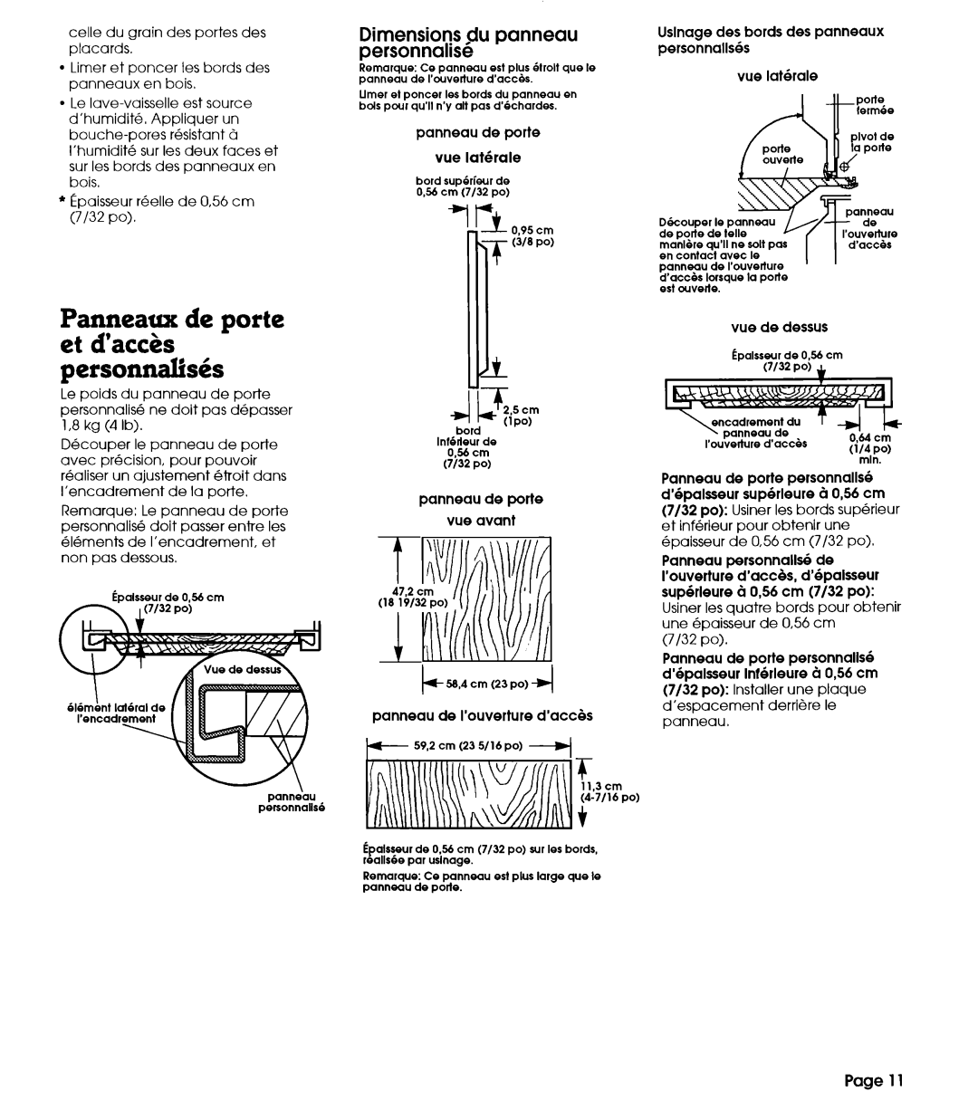 Whirlpool 801 installation instructions Panneaux de Porte et d’accks personnalhis, Dimensions flu panneau personnalise 