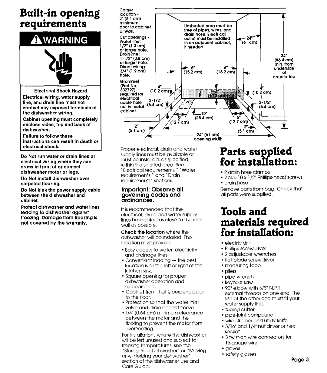 Whirlpool 801 installation instructions Built-in opening reaujrrements 