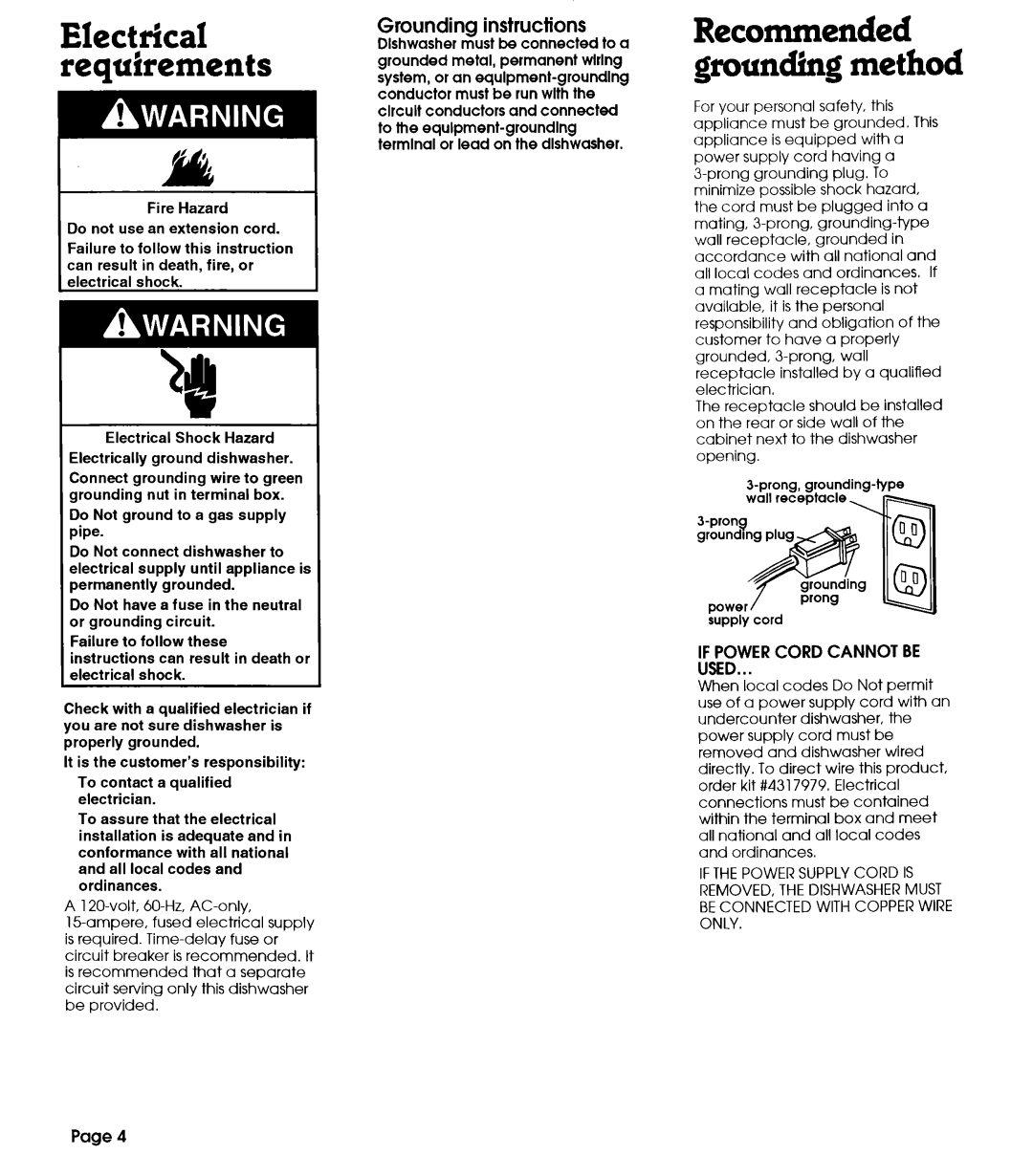 Whirlpool 801 installation instructions Grounding method, Grounding instructions 