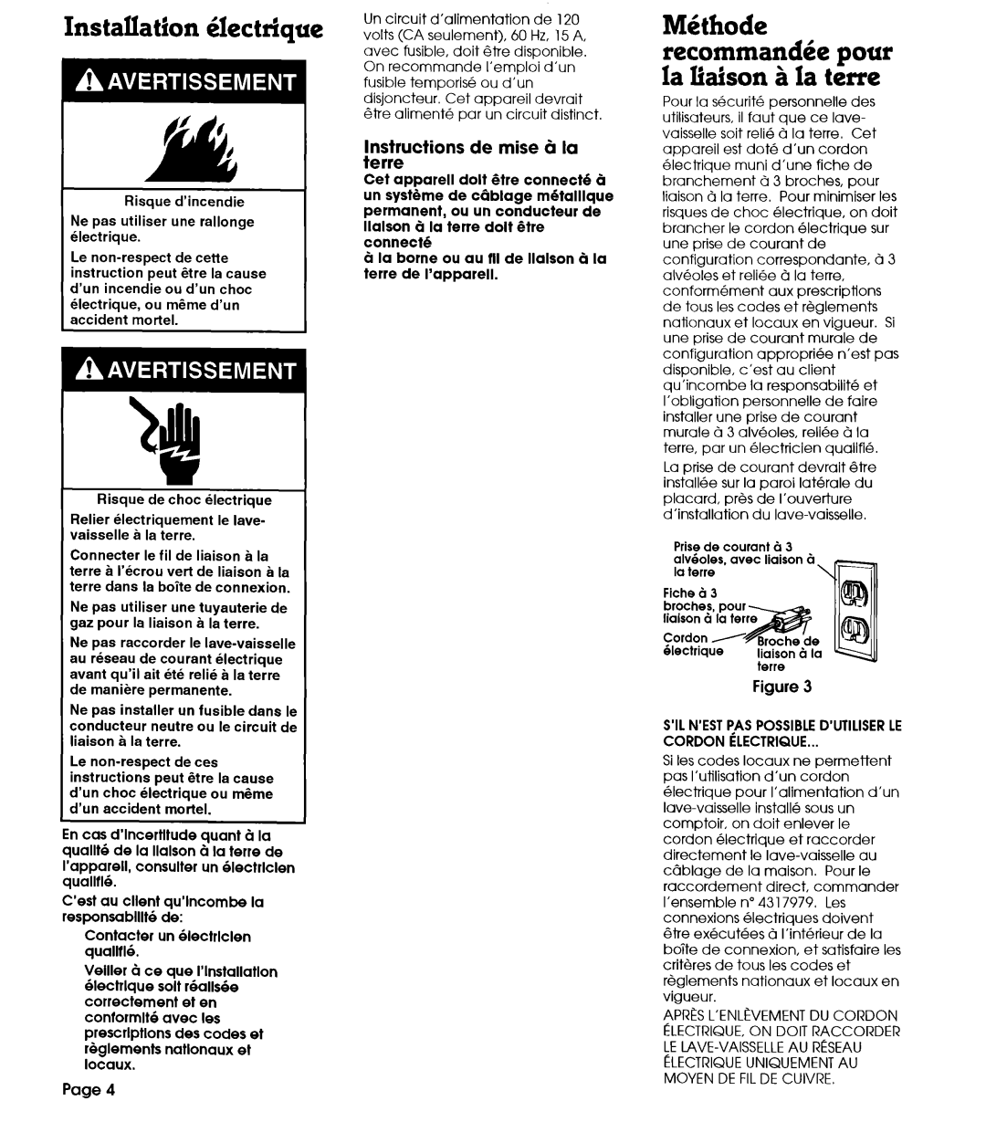 Whirlpool 801 installation instructions M&ode recommandke pour la liaison B la terre, Instructions de mise B la terre 