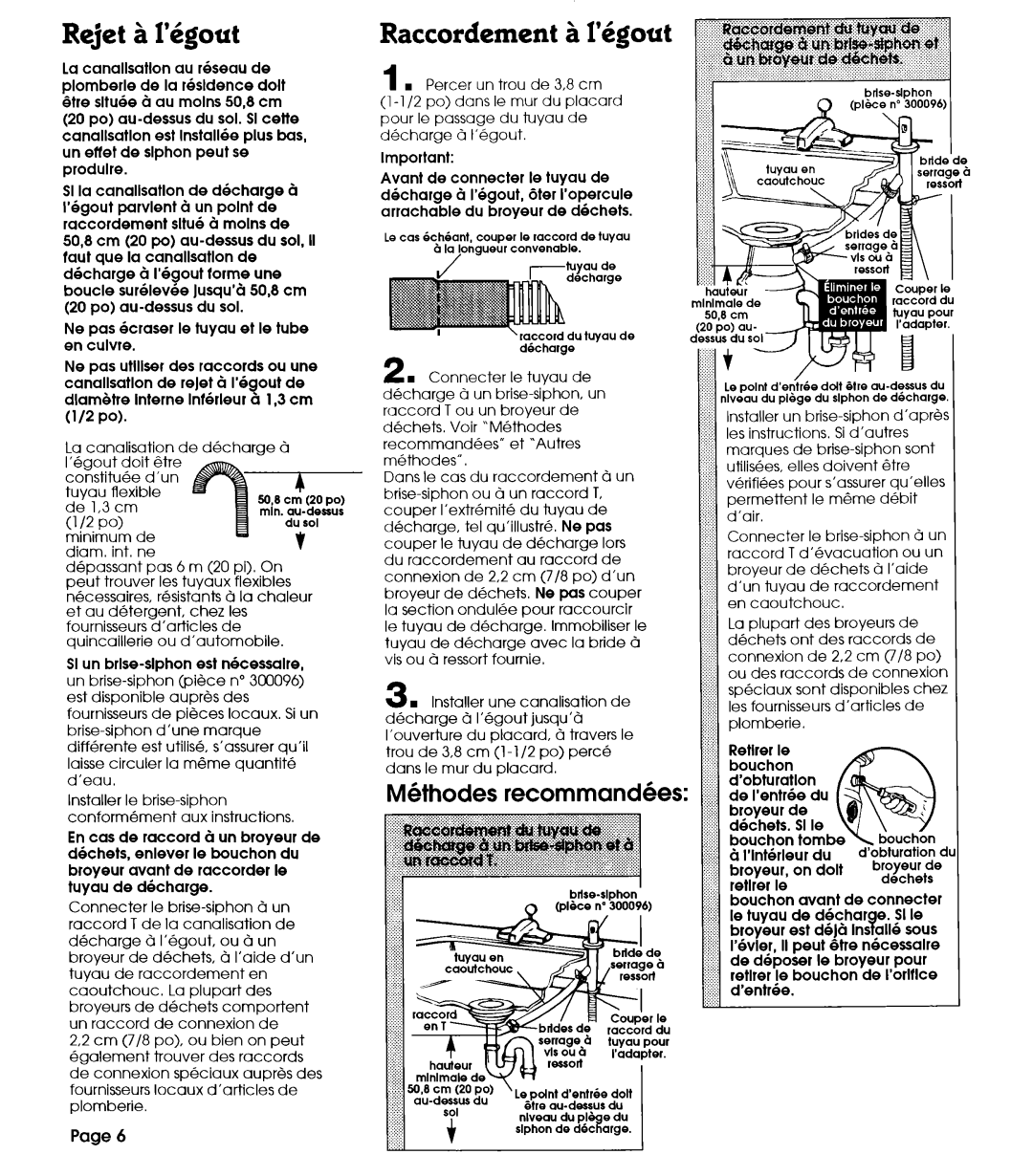 Whirlpool 801 installation instructions Rejet 21I’6gout, Raccordement A I’bgout, Mbthodes recommand6es 