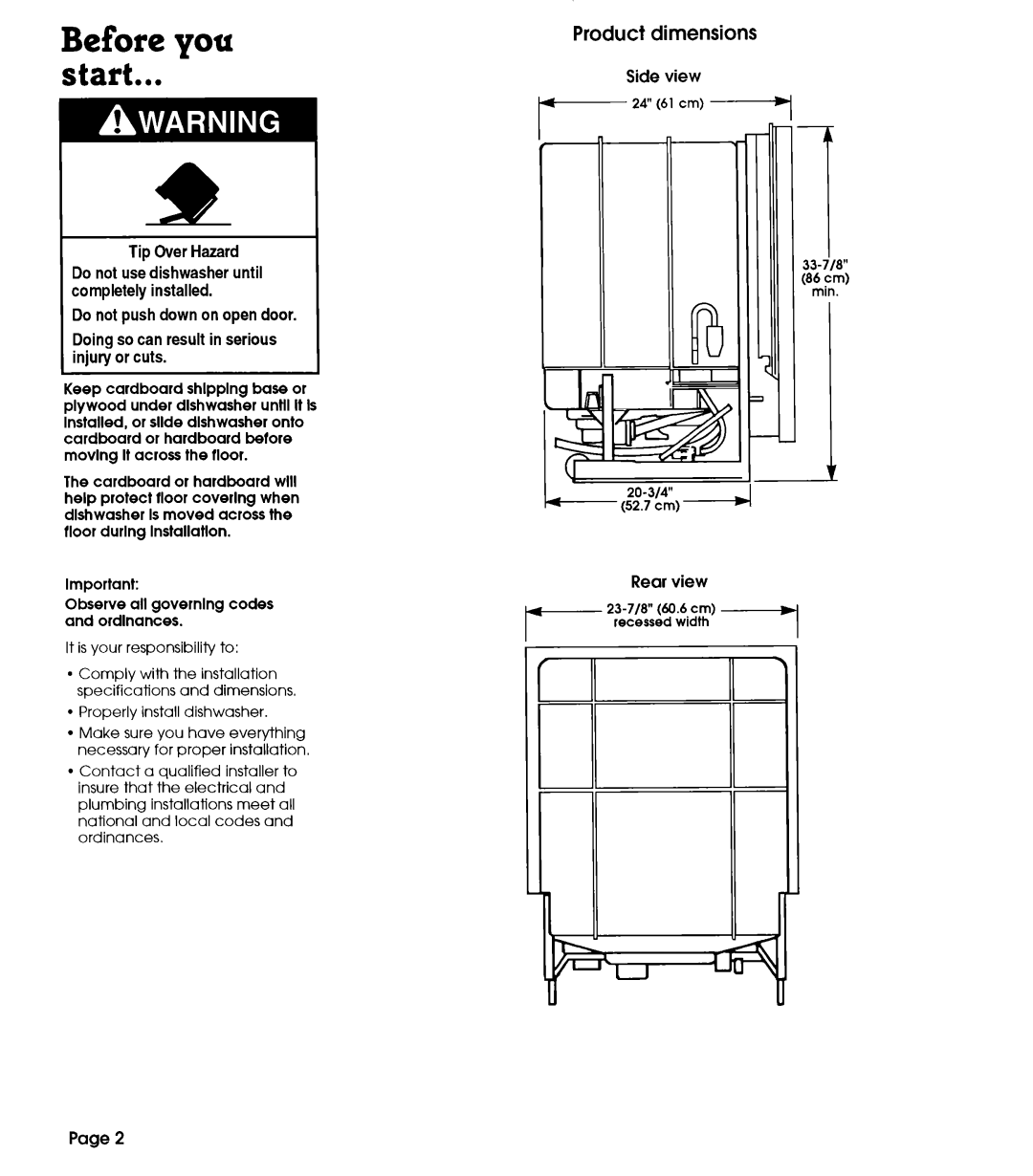 Whirlpool 801 installation instructions Before you start, Product, Side view, Rear view, Page, dimensions 