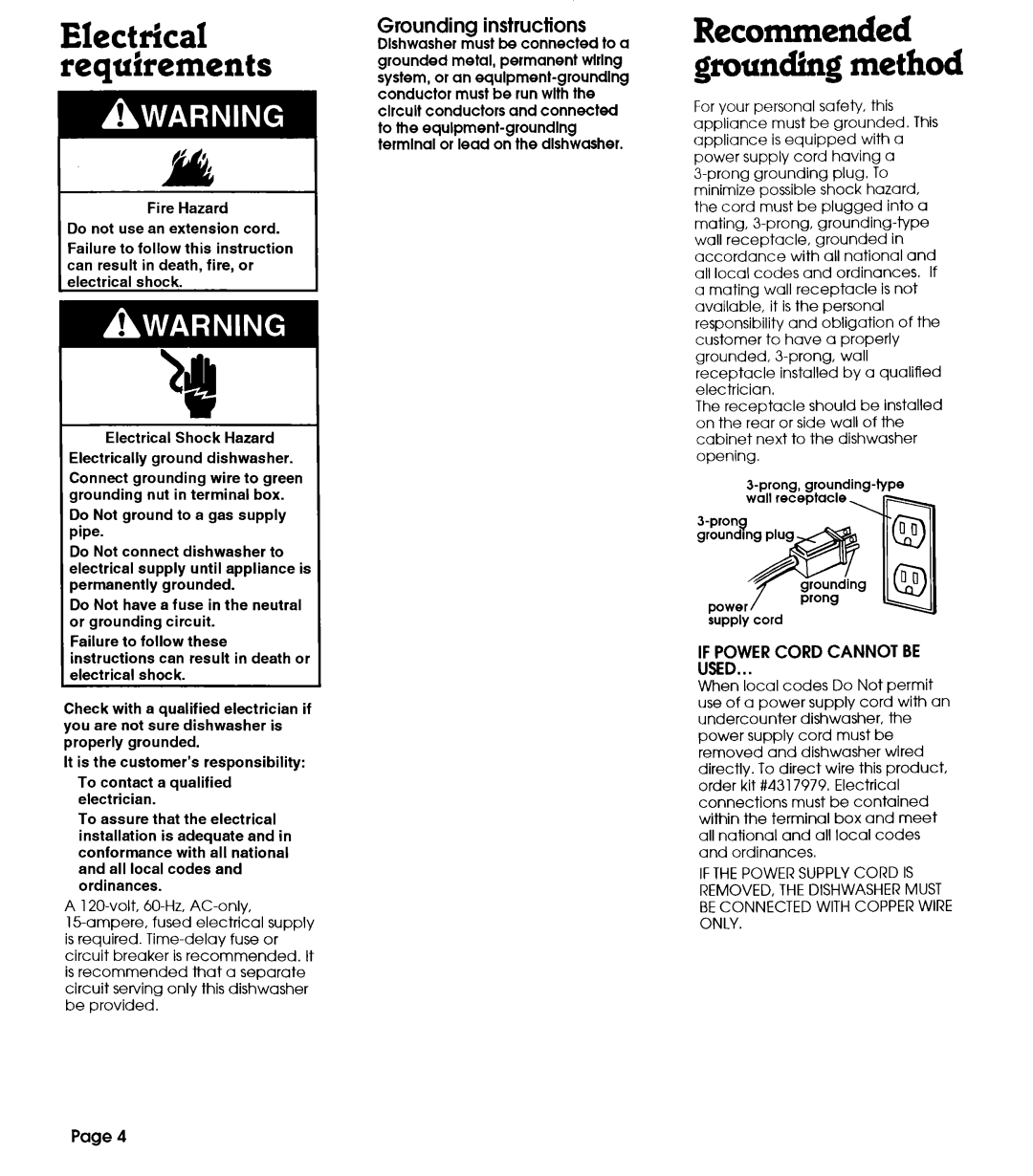 Whirlpool 801 grounding method, Electrical requirements, Grounding instructions, If Powercord Cannot Be Used, Page 
