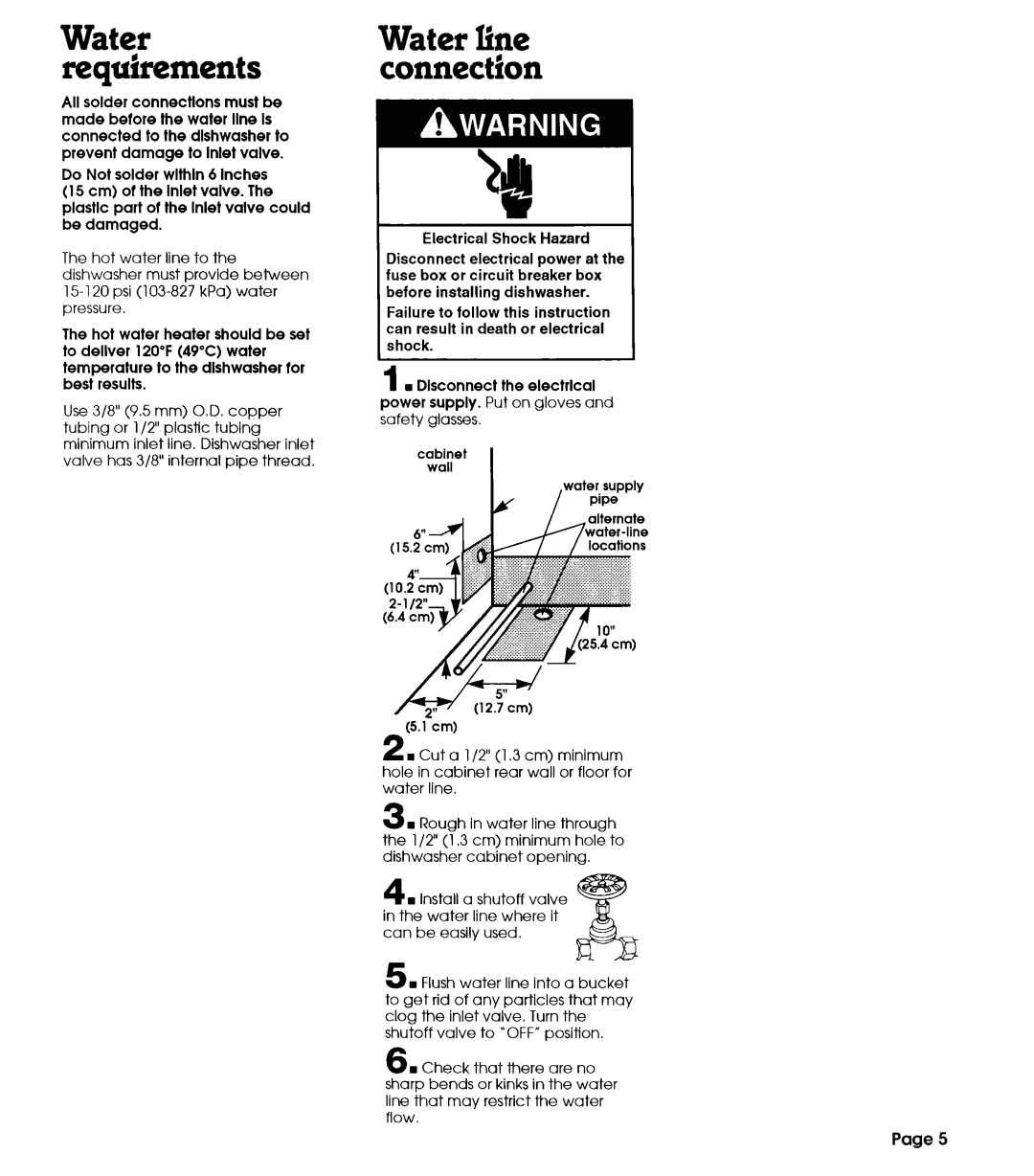 Whirlpool 801 installation instructions Water requirements, Water line connection, Page 