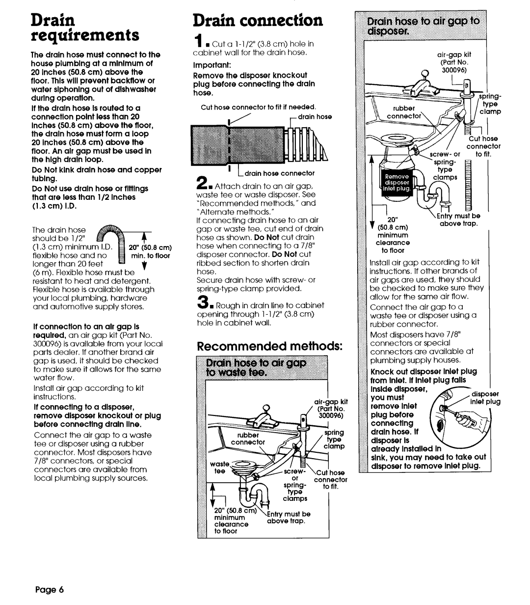 Whirlpool 801 installation instructions Drain connection, Drain requirements, Recommended methods, 7-i-n 