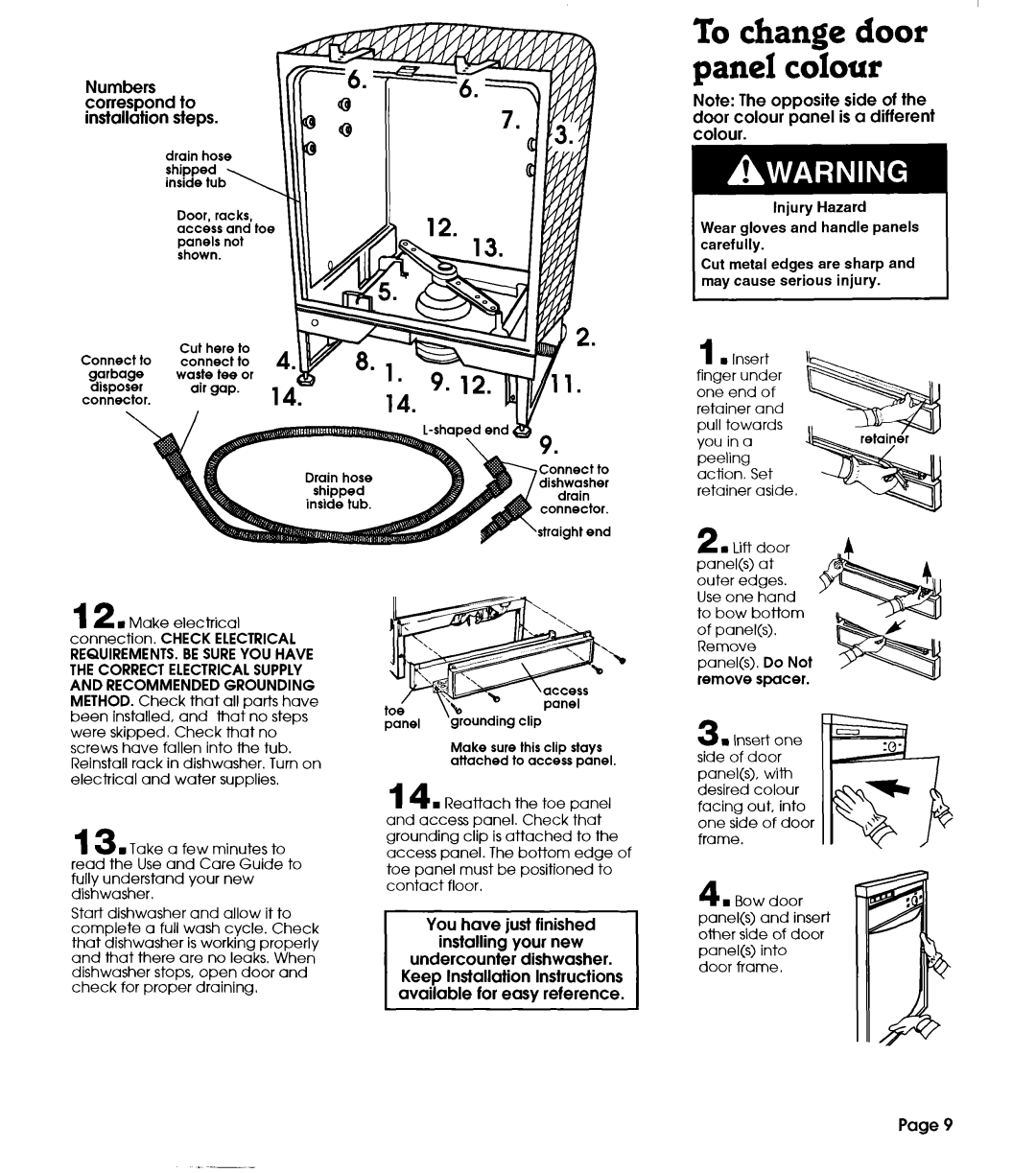 Whirlpool 801 installation instructions To change door Dane1colour, Numbers correspond to installation steps, Page 