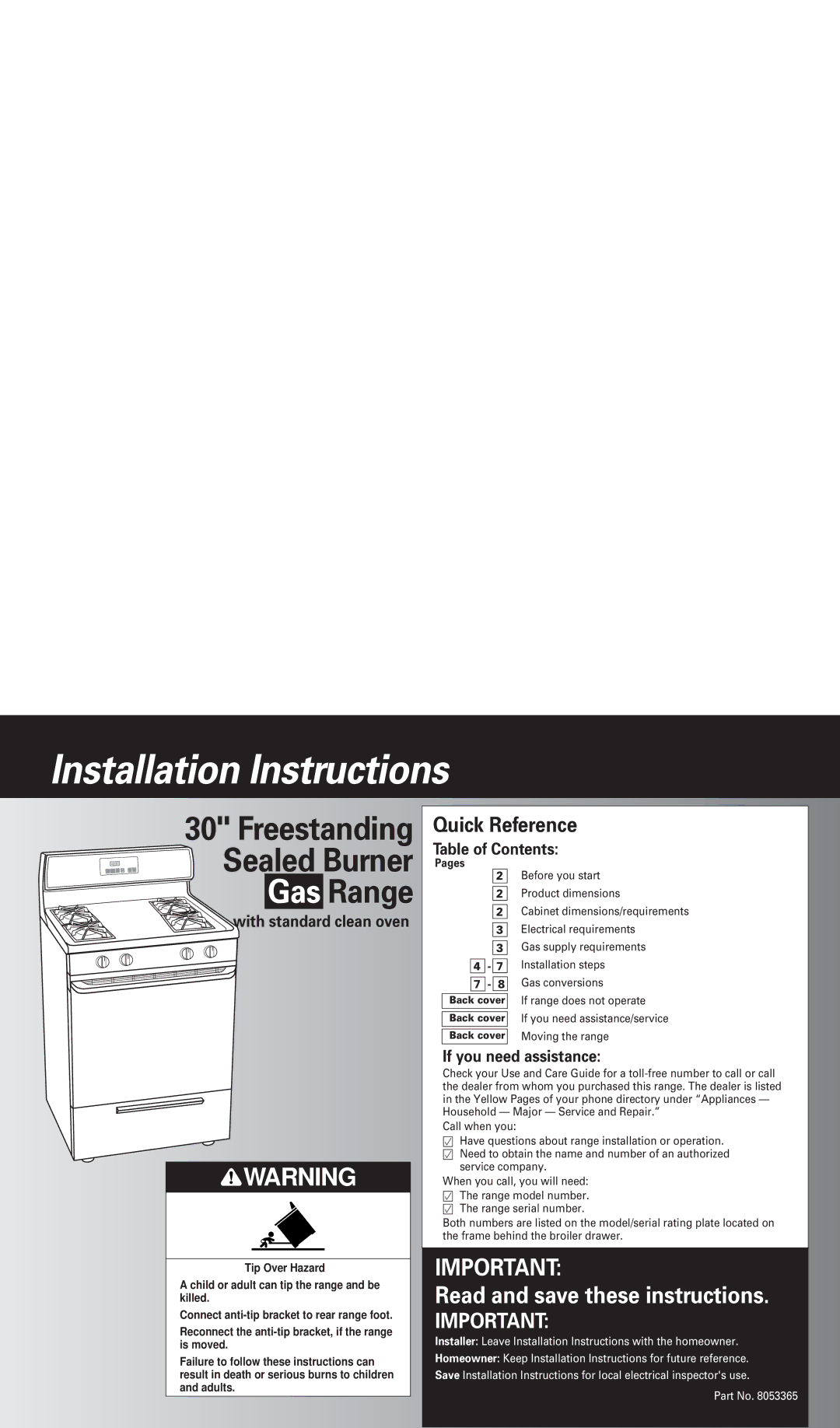 Whirlpool 8053365 installation instructions Table of Contents, If you need assistance, Pages 