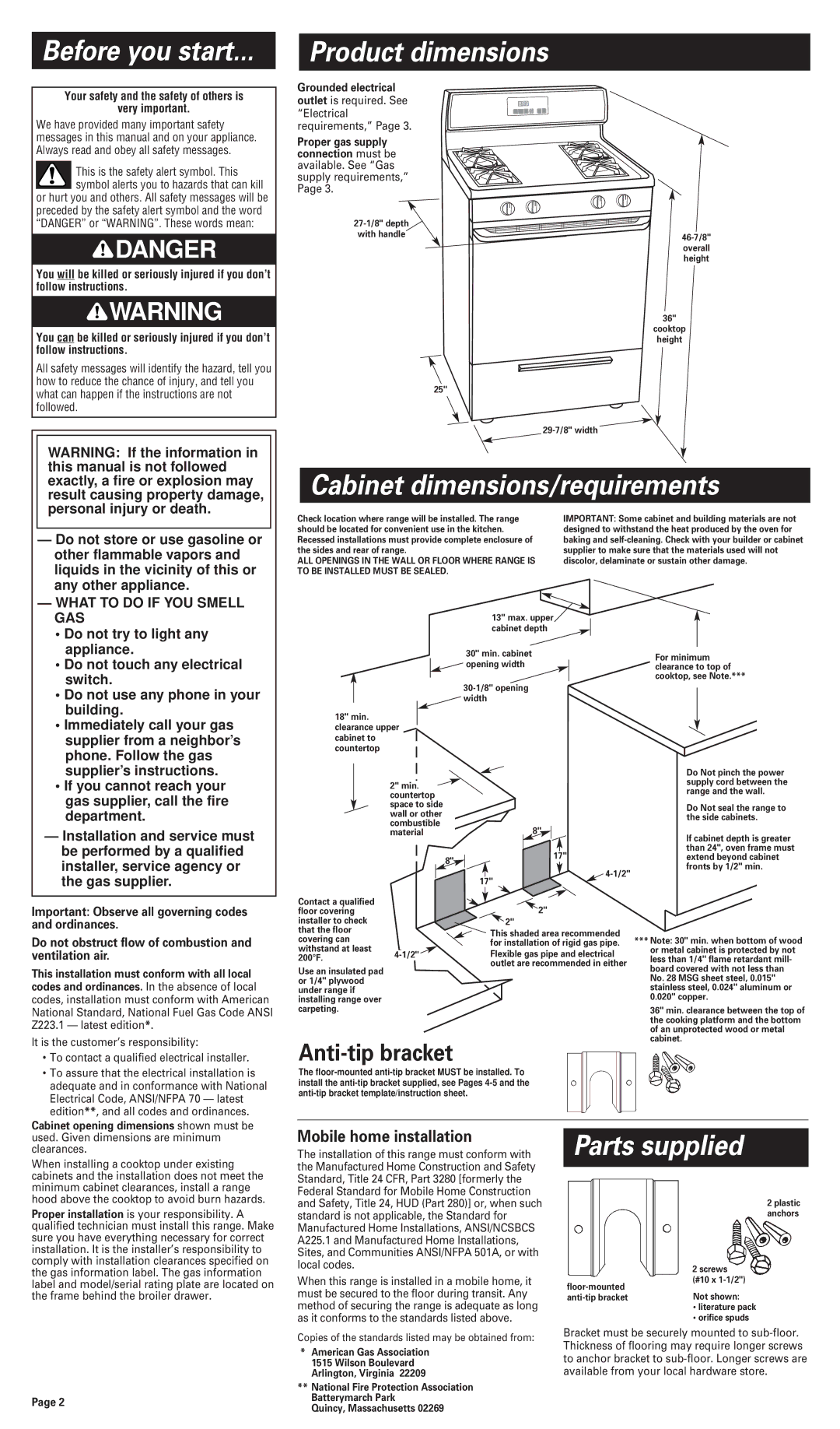 Whirlpool 8053365 Before you start, Product dimensions, Cabinet dimensions/requirements, Parts supplied, Anti-tip bracket 