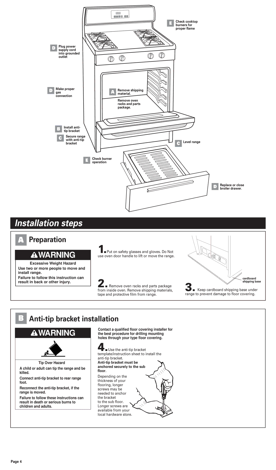 Whirlpool 8053365 installation instructions Installation steps, Preparation, Anti-tip bracket installation, Racks and parts 