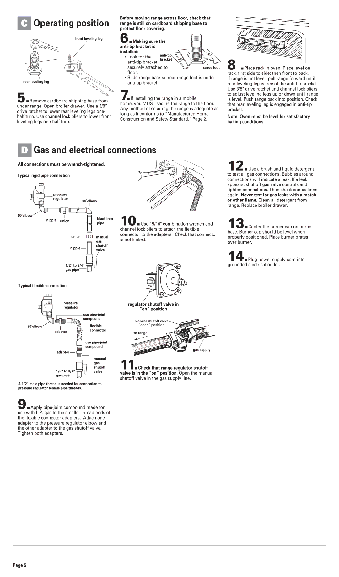 Whirlpool 8053365 installation instructions Gas and electrical connections, All connections must be wrench-tightened 