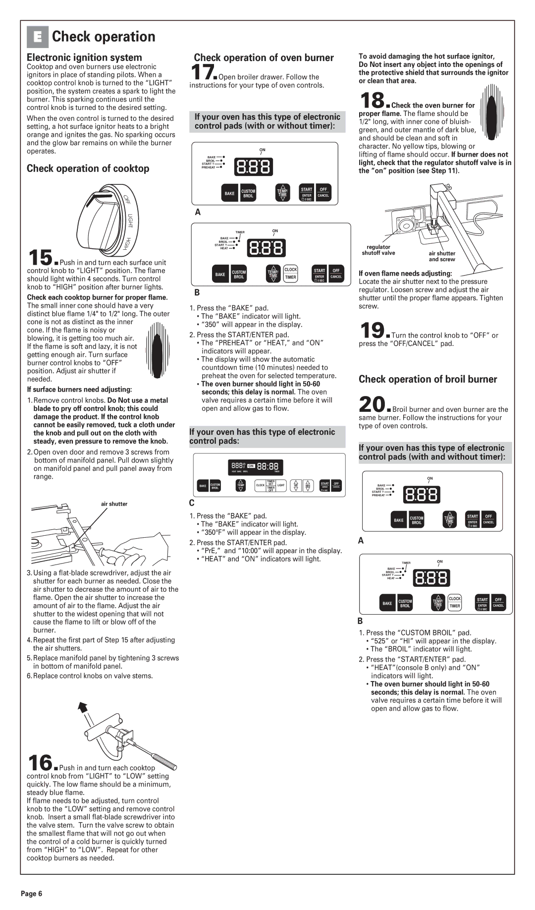 Whirlpool 8053365 Electronic ignition system, Check operation of cooktop, Check operation of oven burner 