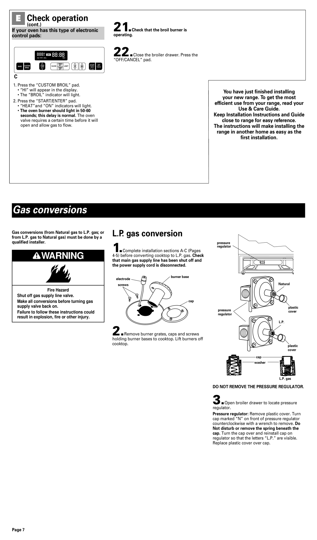 Whirlpool 8053365 installation instructions Gas conversions, Do not Remove the Pressure Regulator, Cap Washer Gas 