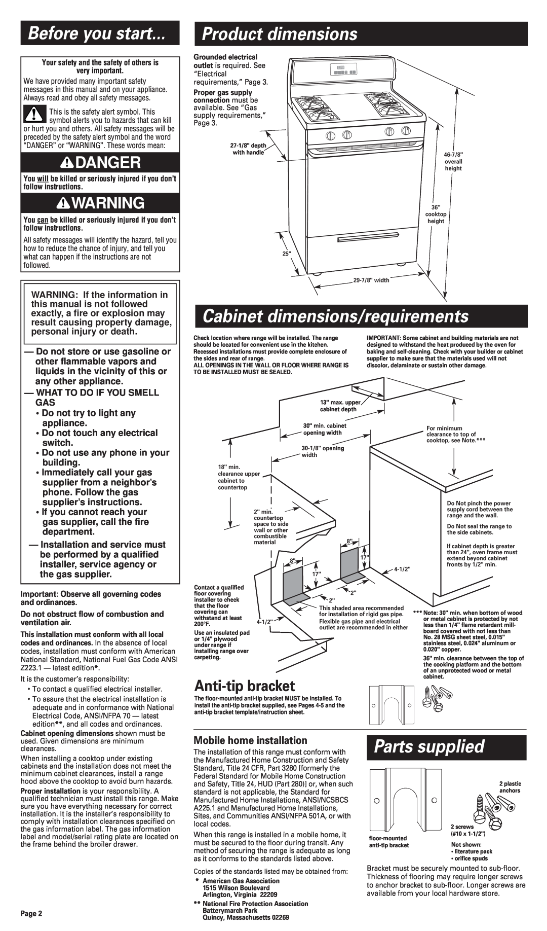 Whirlpool 8053365 Before you start, Product dimensions, Cabinet dimensions/requirements, Parts supplied, Anti-tip bracket 