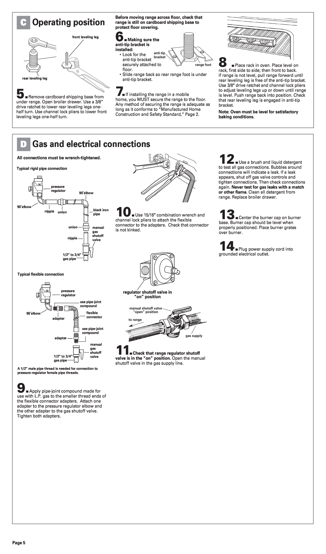 Whirlpool 8053365 installation instructions D Gas and electrical connections, C Operating position 
