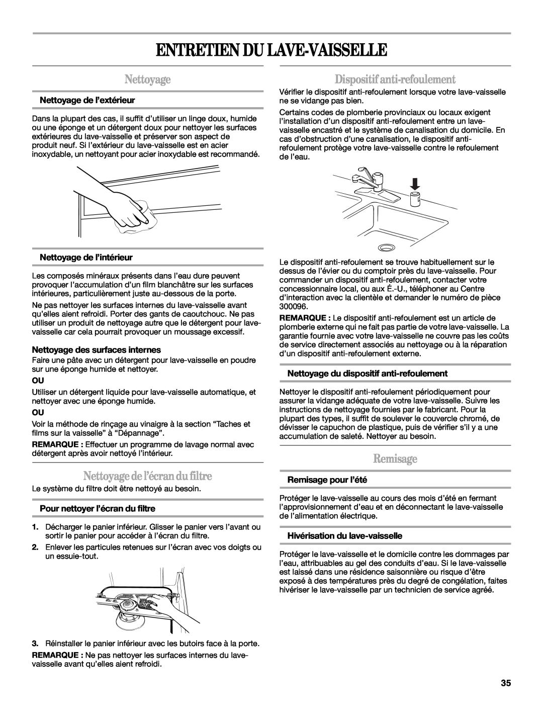 Whirlpool 810 manual Entretien Du Lave-Vaisselle, Nettoyagedel’écrandu filtre, Dispositifanti-refoulement, Remisage 
