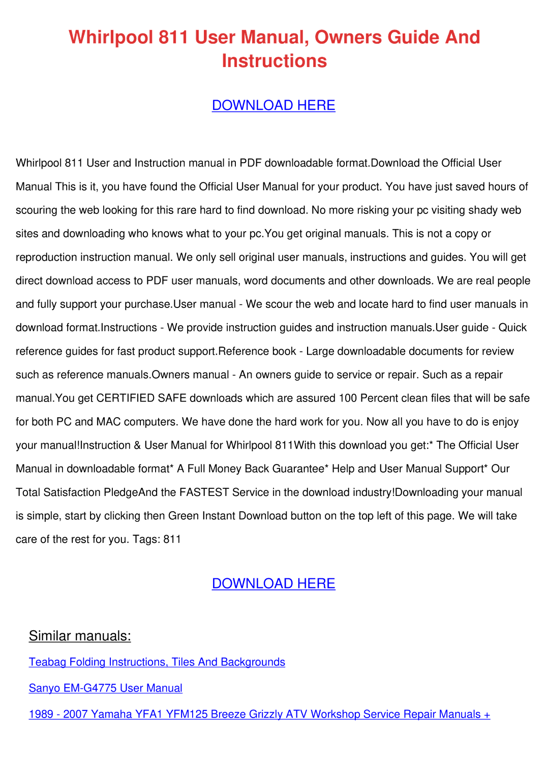 Whirlpool 811 user manual Instructions 