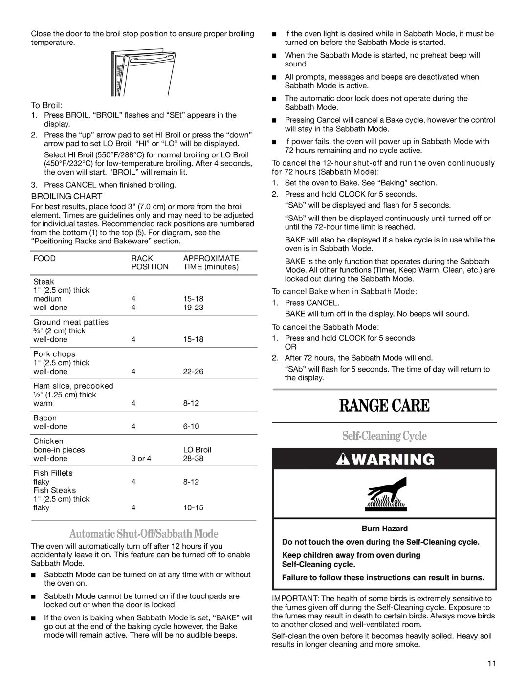 Whirlpool 8113P749-60 manual Range Care, Automatic Shut-Off/SabbathMode, Self-Cleaning Cycle, To Broil, Broiling Chart 