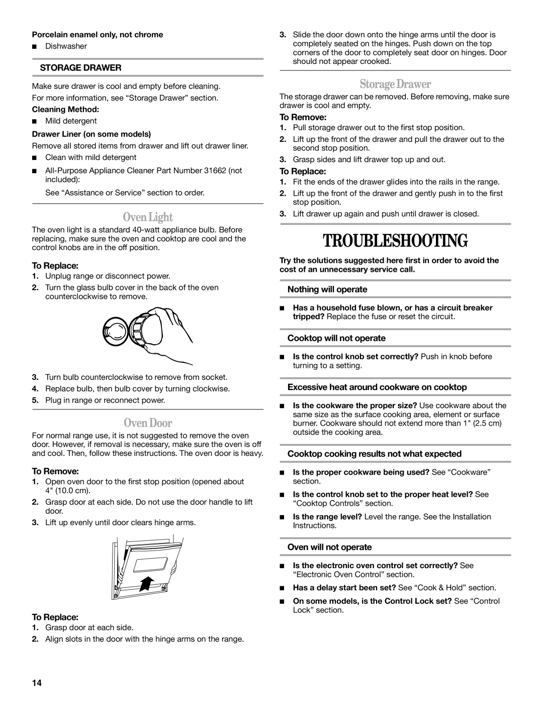 Whirlpool 8113P749-60 manual Troubleshooting, OvenLight, OvenDoor, StorageDrawer, Storage Drawer 