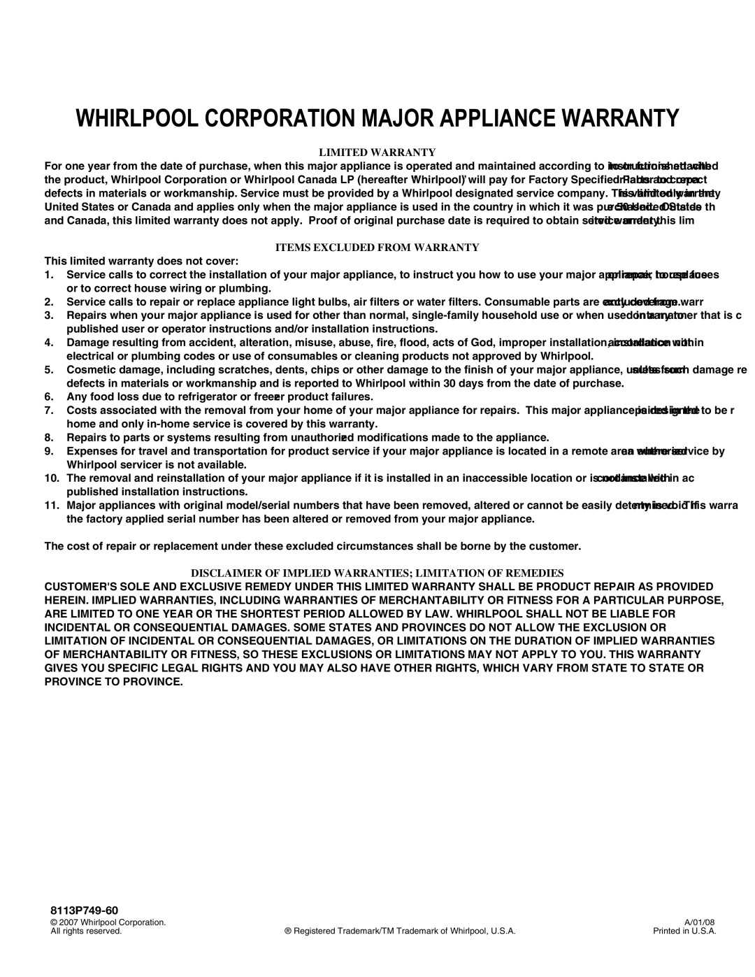 Whirlpool 8113P749-60 manual Whirlpool Corporation Major Appliance Warranty 