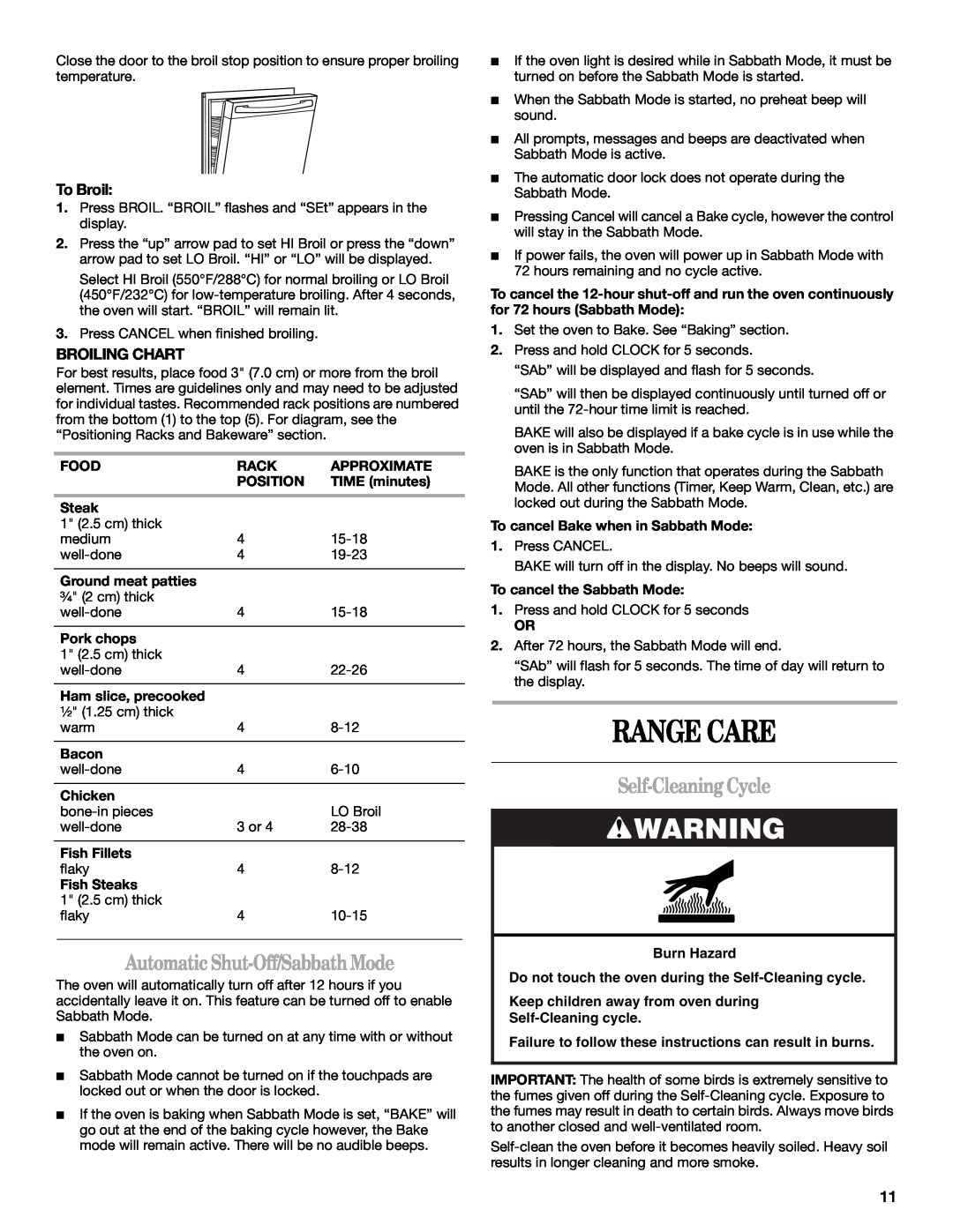 Whirlpool 8113P749-60 manual Range Care, Automatic Shut-Off/SabbathMode, Self-CleaningCycle, To Broil, Broiling Chart 