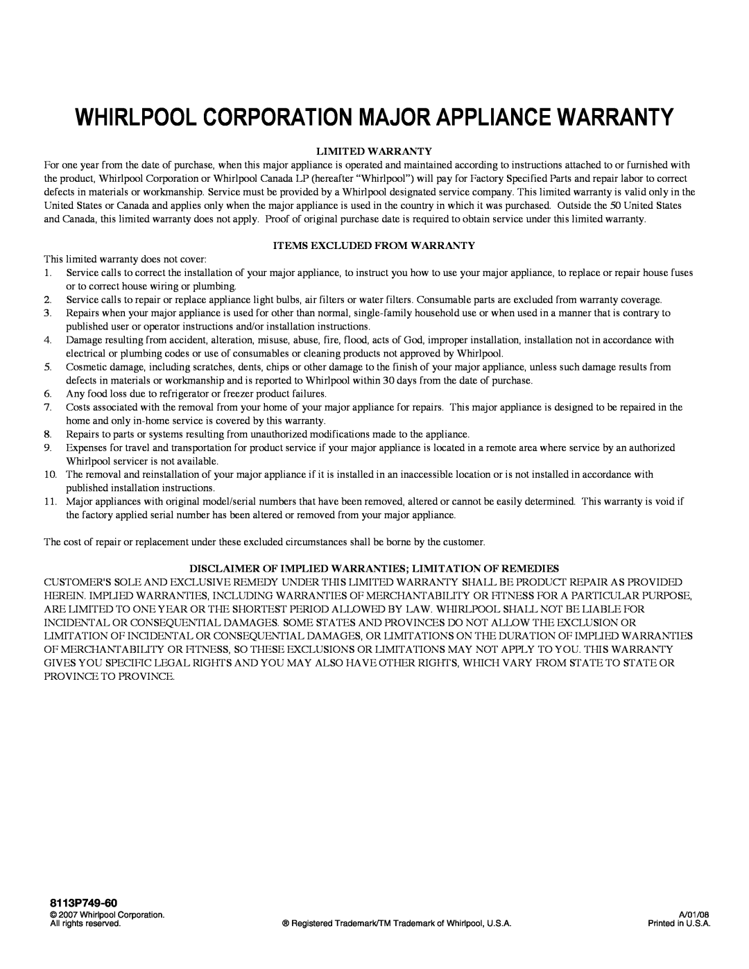 Whirlpool 8113P749-60 manual Whirlpool Corporation Major Appliance Warranty, Limited Warranty, Items Excluded From Warranty 