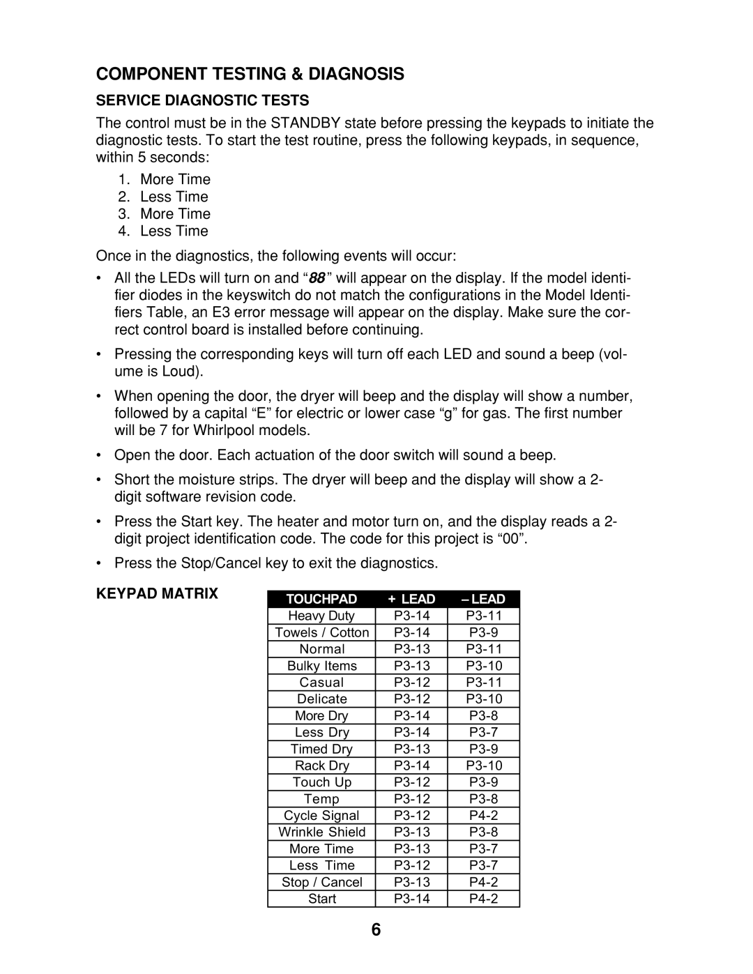 Whirlpool 8178023 manual Component Testing & Diagnosis, Service Diagnostic Tests, Keypad Matrix 