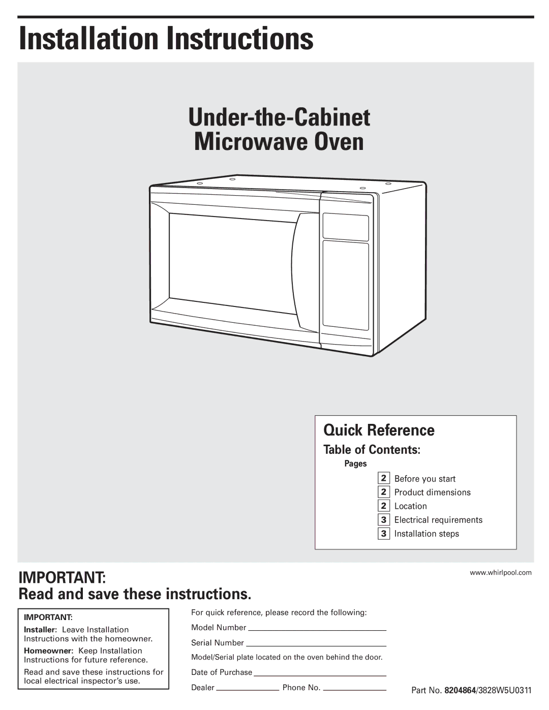 Whirlpool 8204864/3828W5U0311 installation instructions Installation Instructions, Table of Contents 