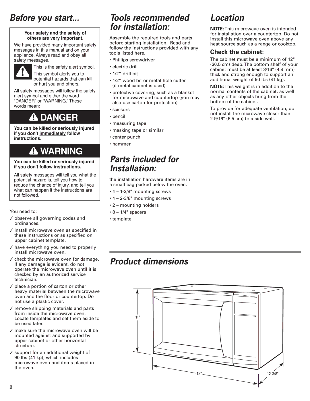 Whirlpool 8204864/3828W5U0311 Before you start, Parts included for Installation, Location, Product dimensions 