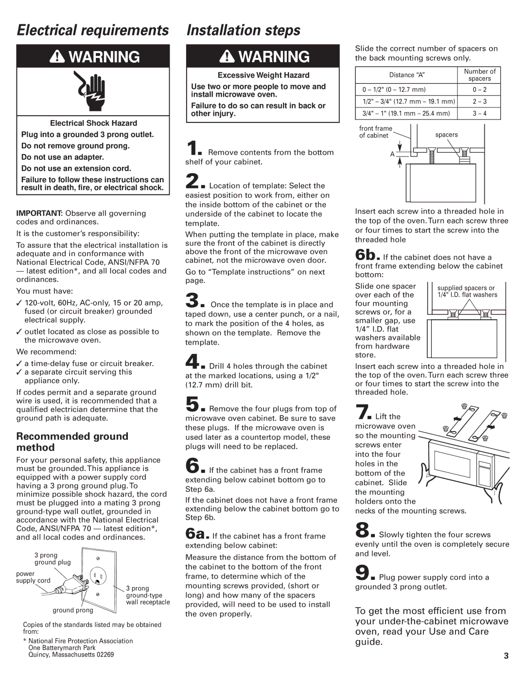 Whirlpool 8204864/3828W5U0311 Electrical requirements, Installation steps, Recommended ground method 