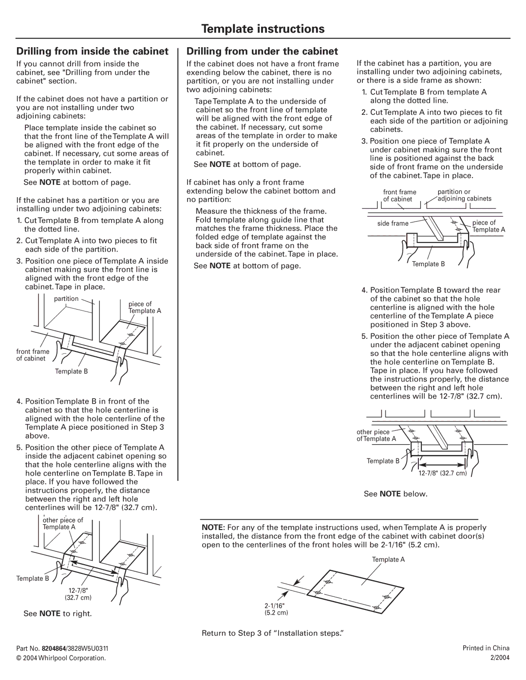 Whirlpool 8204864/3828W5U0311 Template instructions, Drilling from inside the cabinet, Drilling from under the cabinet 