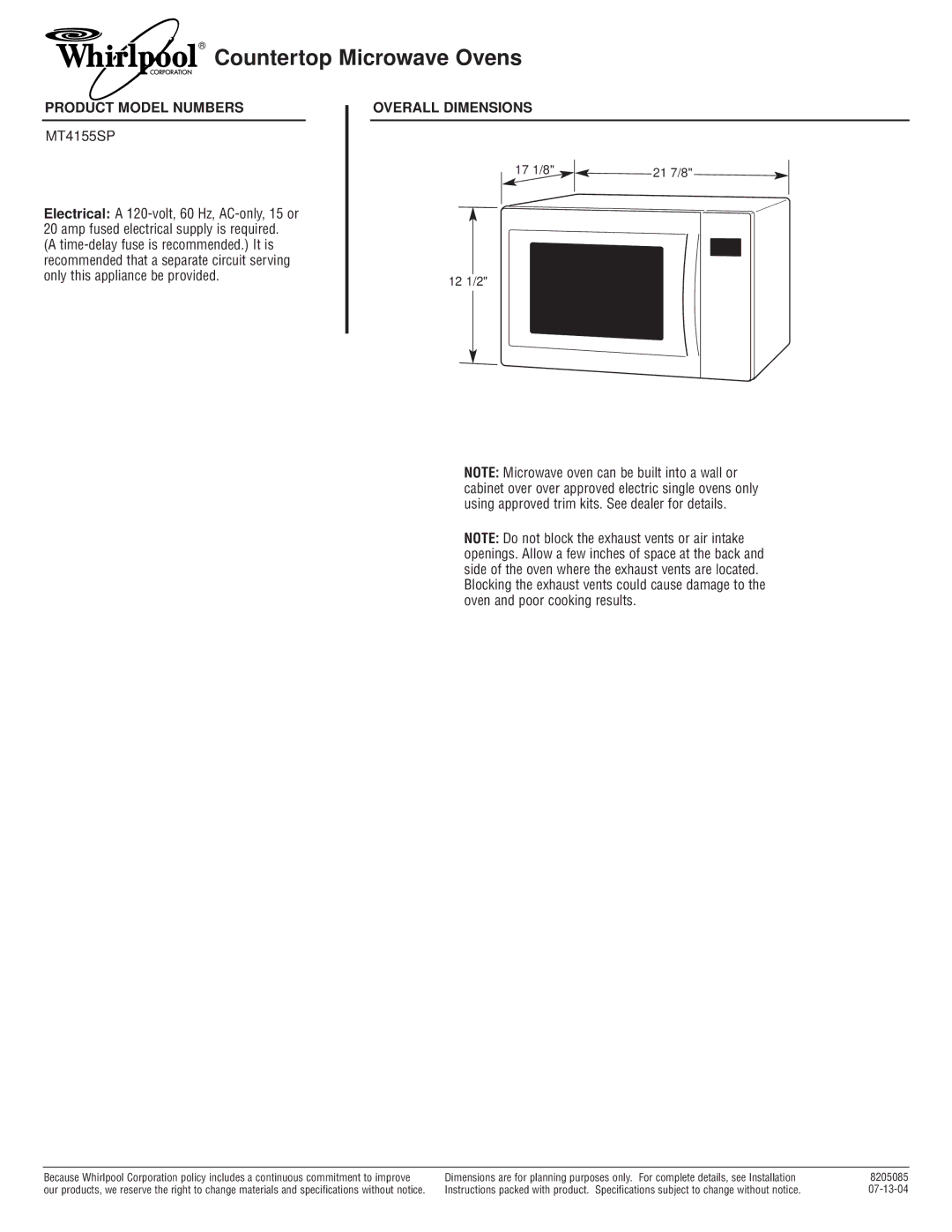 Whirlpool 8205085 dimensions Countertop Microwave Ovens, Product Model Numbers, Overall Dimensions, 17 1/8 21 7/8 12 1/2A 