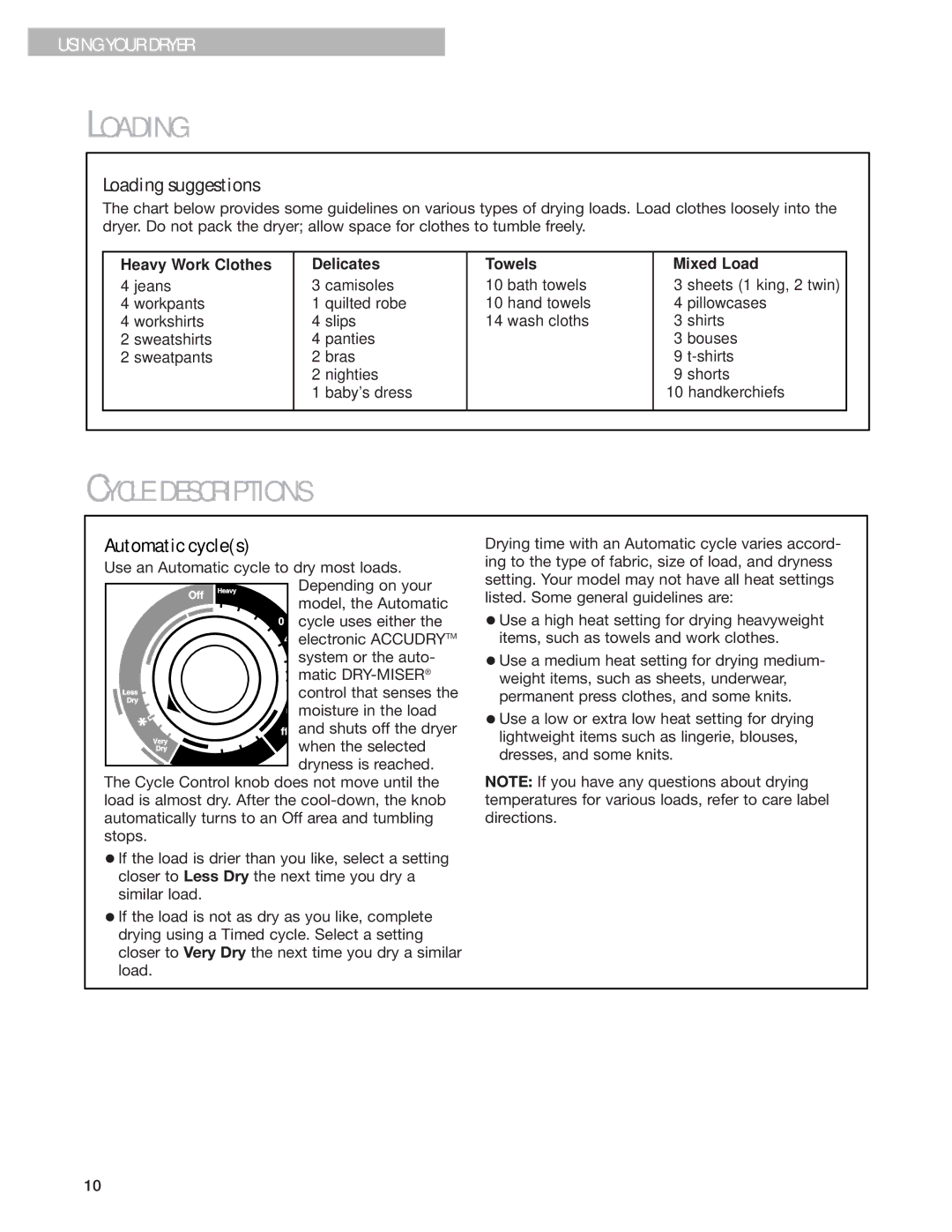 Whirlpool 8280525 warranty Cycle Descriptions, Loading suggestions, Automatic cycles 