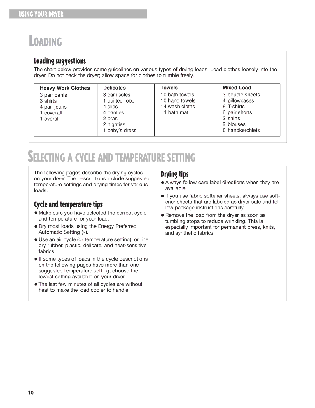 Whirlpool 8280527 warranty Loading suggestions, Drying tips, Cycle and temperature tips 